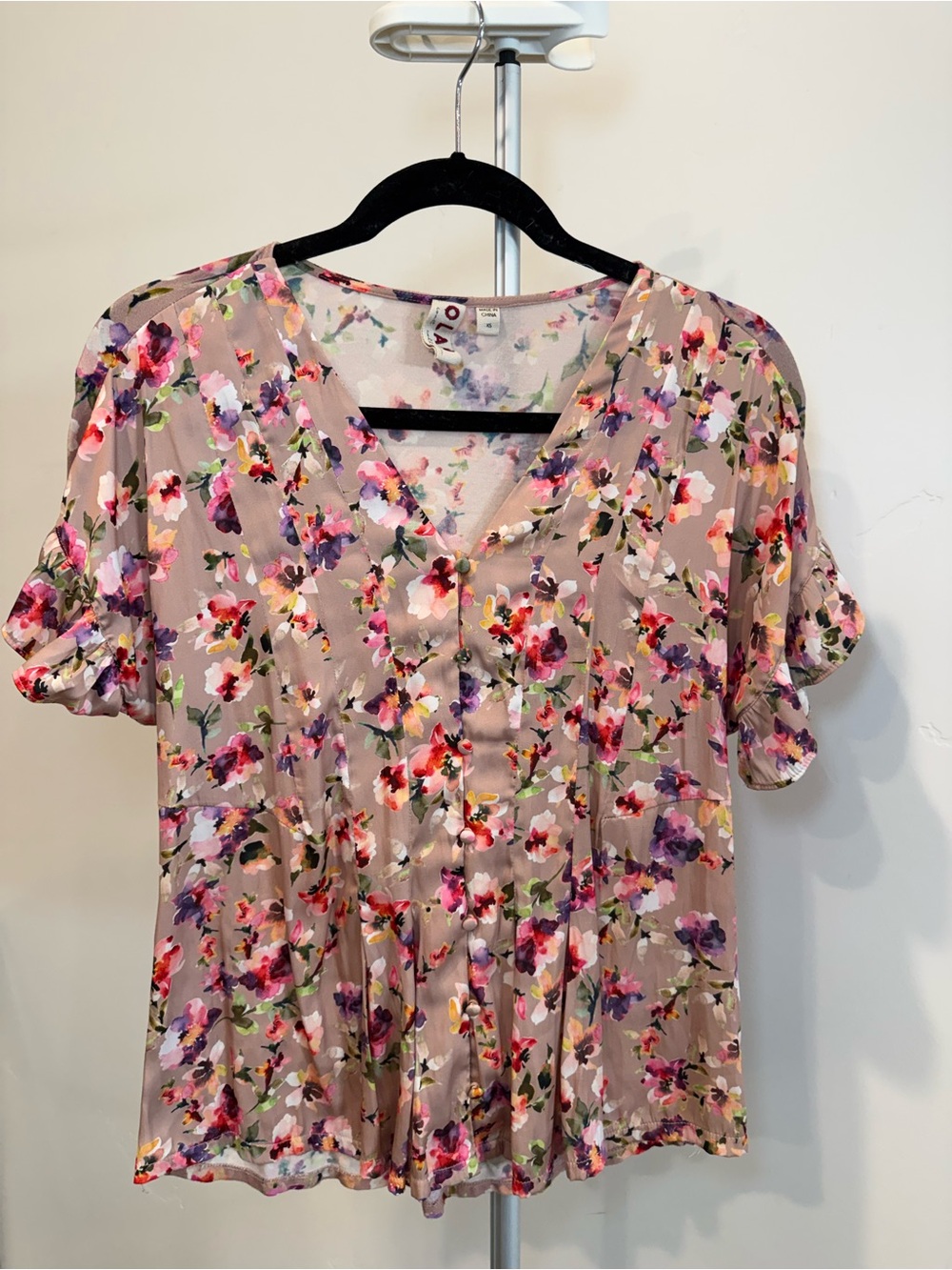 Anthropologie Floral V-Neck Short Sleeve Dress Top - Blush Pink